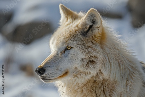 Portrait of a white wolf in the snow   Close-up