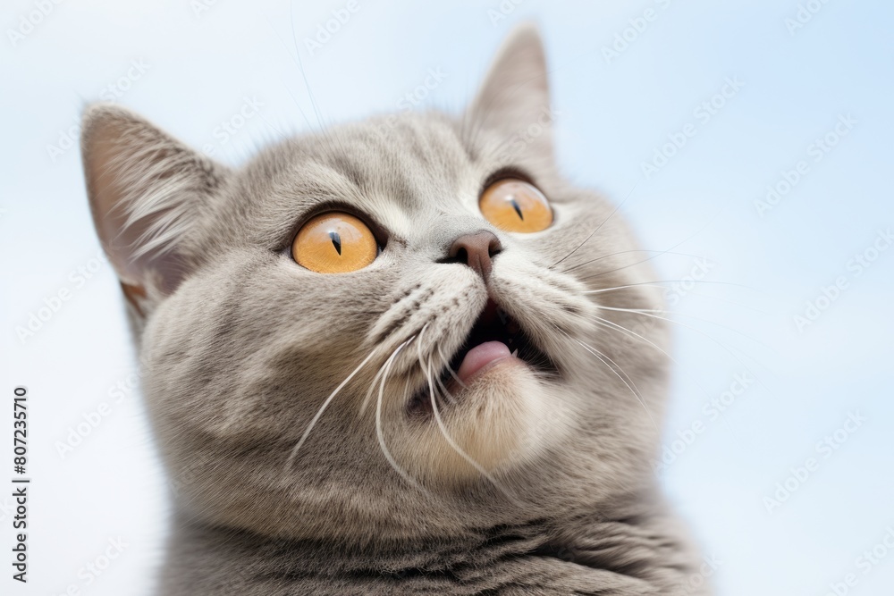 Close-up portrait photography of a smiling british shorthair cat whisker twitching isolated on minimalist or empty room background