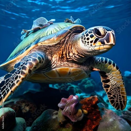 tortue marine prise dans les mailles dun filet de pche d la pollution des ocans,sea turtle swimming in a coral reef with colorful fish. Bright underwater colors during a snorkeling vacation.generate   © Nadia