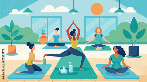 A quiet and peaceful yoga studio transformed into a gymnastics space where participants focus on gentle movements and stretches for relaxation and. Vector illustration