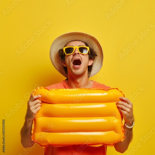 A man in sunglasses and a hat is holding an orange inflatable raft. Long-awaited vacation concept.