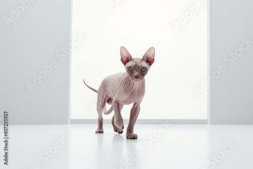 Medium shot portrait photography of a happy sphynx cat hopping isolated in minimalist or empty room background