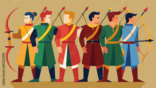 Clad in colorful tunics and leather breeches a group of skilled archers line up for the annual traditional archery contest.. Vector illustration photo