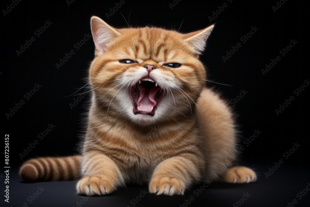 Medium shot portrait photography of a happy exotic shorthair cat meowing on minimalist or empty room background