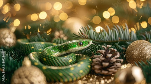 green snake on a background of gold sequins and branches of fir trees. © Yahor Shylau 