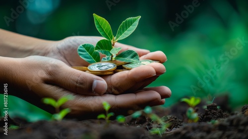 Eco-Financing Concept: Hands Exchanging Money with Leaf Pattern for Sustainable Investment