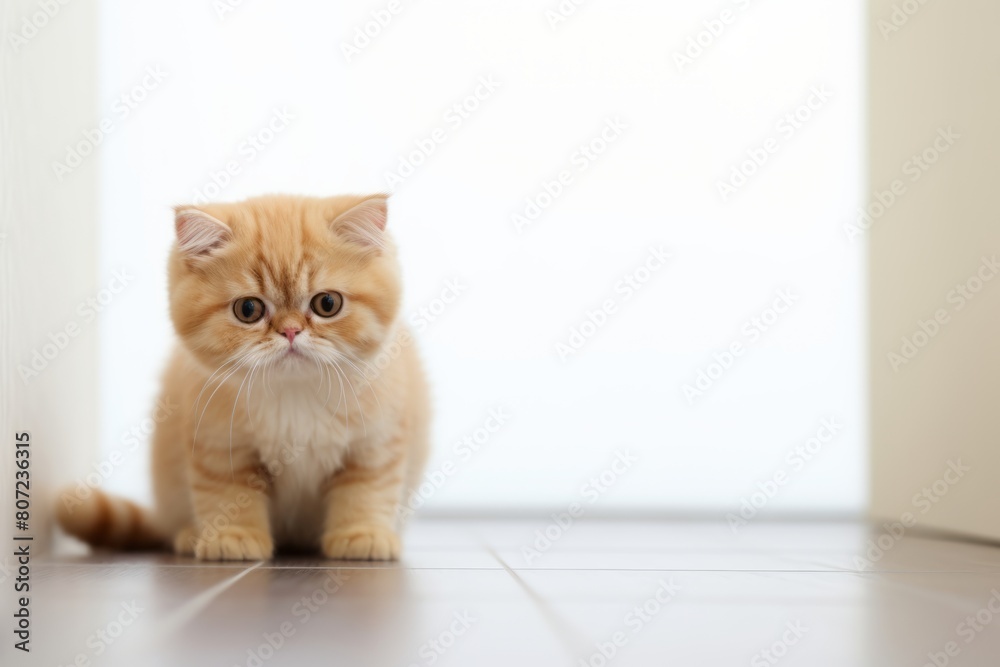 Lifestyle portrait photography of a happy exotic shorthair cat exploring on minimalist or empty room background
