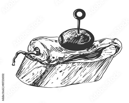 Sketch style spanish tapas isolated on white background. Engraving illustration of food appetizer. Black and white snack sandwich. Canape with with roasted peppers and olives. Finger food for party.