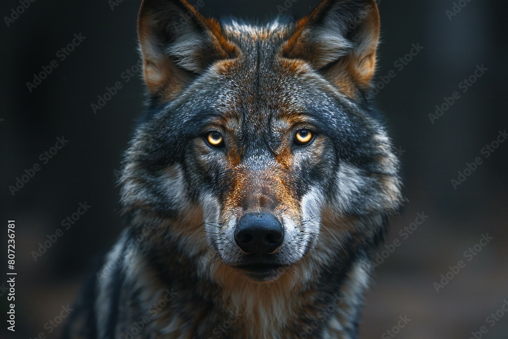 Portrait of a wolf in the forest, looking at the camera