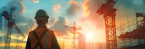 Silhouette of an engineer overseeing a construction site with cranes against a sunset skyline