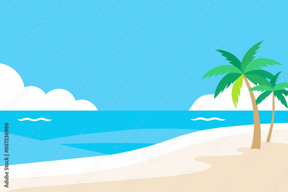 Tropical beach landscape with palm trees and ocean view. Serene coastal scene. Concept of travel, summer vacation, and peaceful beaches. Graphic illustration