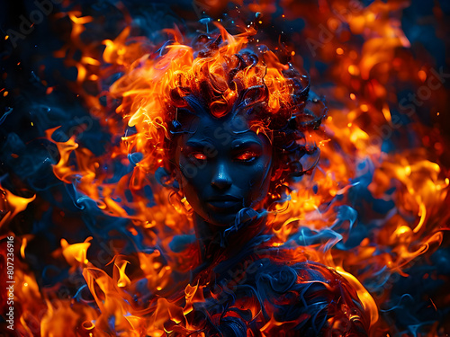 Image of a woman's face surrounded by a fiery abstract background