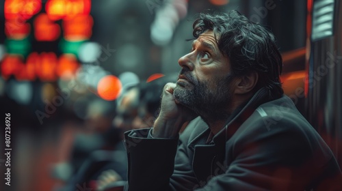 Pensive middle-aged man with a beard, lost in thought amidst city lights at night.