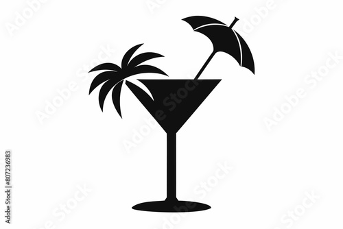Silhouette design of a tropical cocktail glass with umbrella decoration. Icon of beach drink. Black illustration isolated on white background. Print, logo, pictogram. Concept of vacation, beach drinks