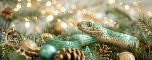 green snake on a background of gold sequins and branches of fir trees.