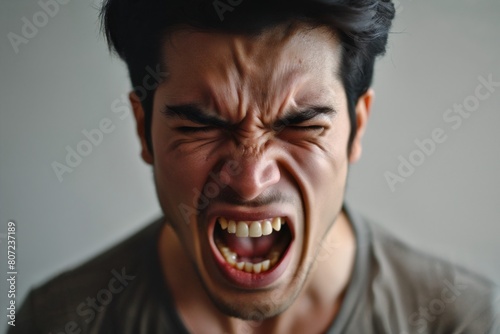 Angry young adult Latin American man yelling screaming and shouting on grey background
