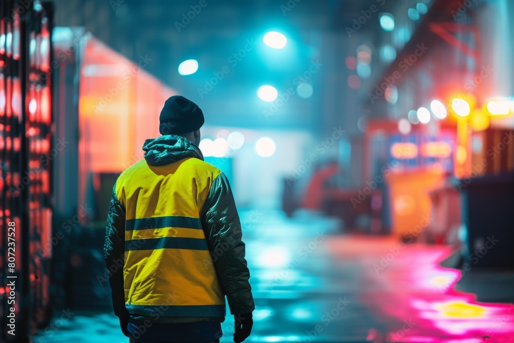 Night Shift Security Guard Prioritizing Wellness with Healthy Break Activities in a Vibrant Industrial Setting Night Shift Security Guard Prioritizing Wellness with Healthy Break Activities in a Vibrant Industrial Setting
