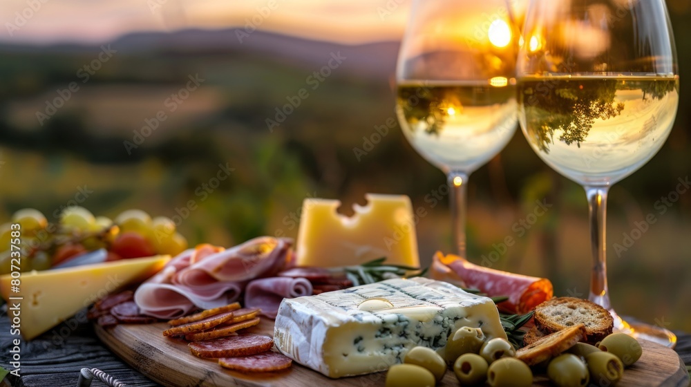 Savoring Sunset. A Picnic Featuring White Wine, Cheese, and Charcuterie in the Golden Light