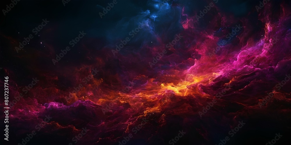 Dark themed abstract background with rays of light and smoke in different colors. 3d Wallpaper with blank space