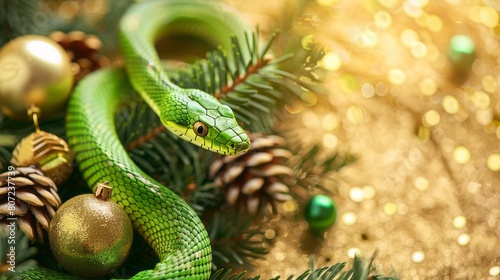 green snake on a background of gold sequins and branches of fir trees.