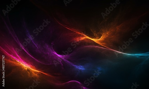 Dark themed abstract background with rays of light in different colors. 3d Wallpaper with blank space