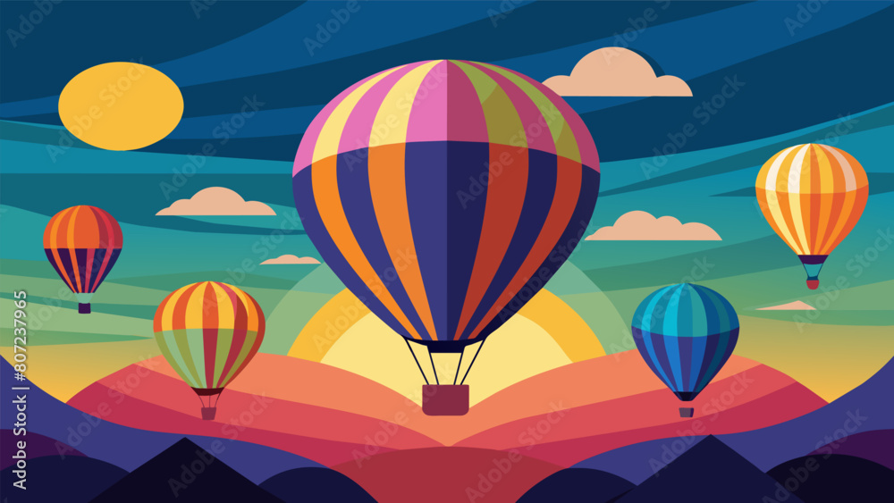 Obraz premium As the sun rose over the horizon the hot air balloon race began with vibrant balloons dotting the deep blue sky.. Vector illustration