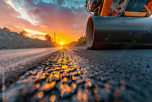 Laying fresh asphalt, road work with asphalt finisher , asphalt paver rolls asphalt photo