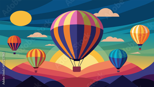 As the sun rose over the horizon the hot air balloon race began with vibrant balloons dotting the deep blue sky.. Vector illustration