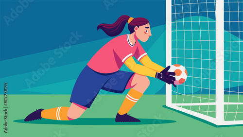 Despite the pressure the goalie remains calm and focused during a tense penalty corner using her skills and reflexes to defend the goal.. Vector illustration