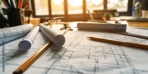 Detailed architectural plans spread across a desk with pencils and plans, indicating the process of design photo