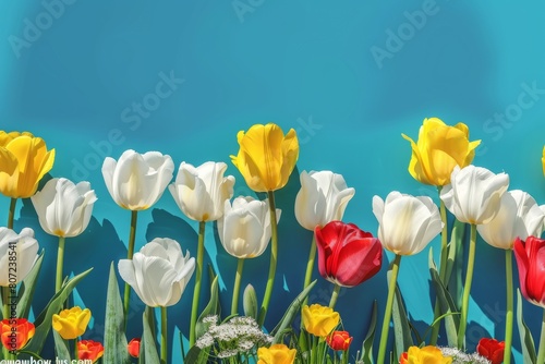 Vibrant Springtime Tulip Field Under Blue Sky - Low Angle View