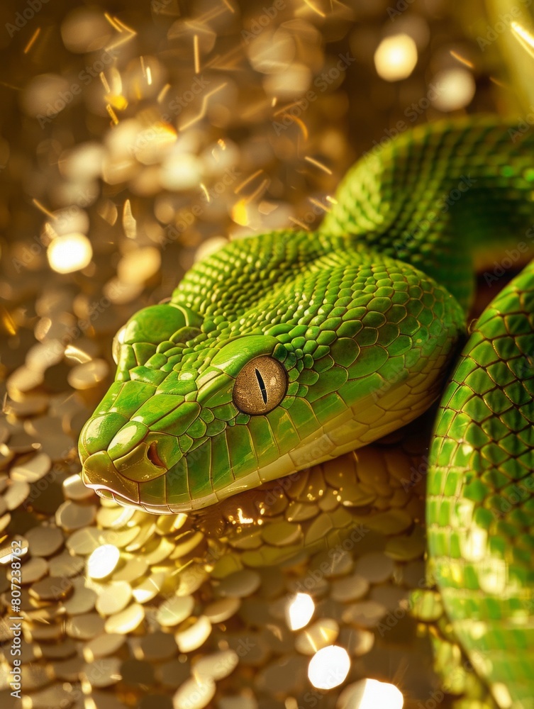 Fototapeta premium green snake on a background of gold sequins with space for text.