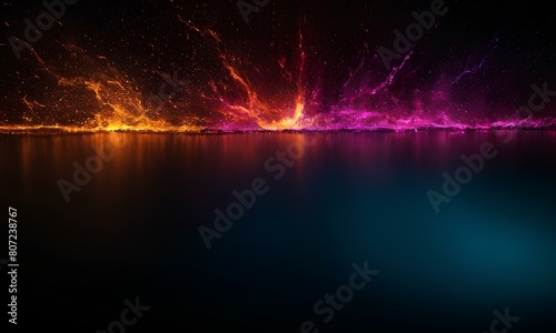 Dark themed abstract background with rays of light and smoke in different colors. 3d Wallpaper with blank space © MoezZ