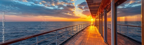 The sun sets over the deck of a boat on a cruise aboard a sea liner