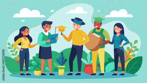 A group of students start a landscaping business offering their services to the local community and using the earnings to fund their studies.. Vector illustration