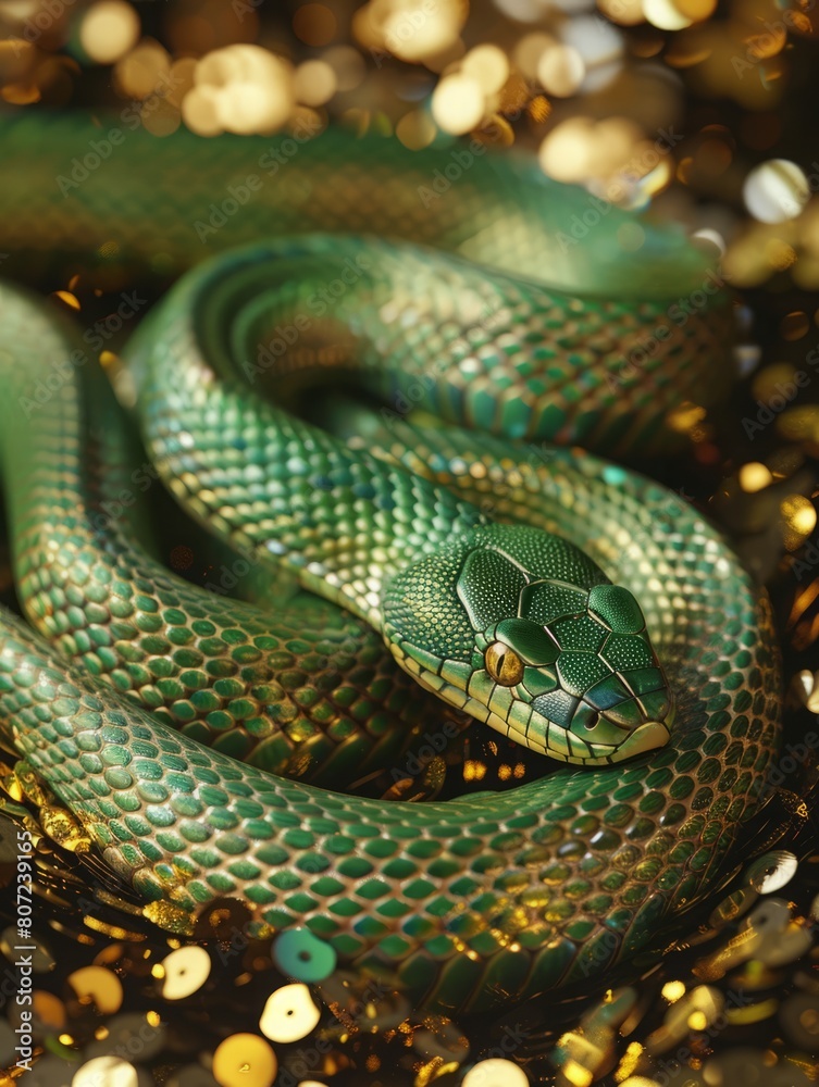 Fototapeta premium green snake on a background of gold sequins with space for text.