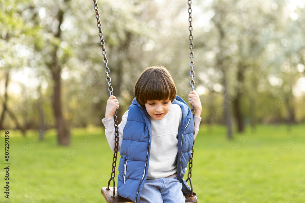 Outdoors portrait of cute preschool laughing boy swinging on a swing at the playground in nature park, summer sunny day