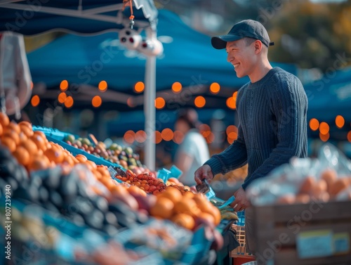 Asian Man in Tennis-Inspired Attire Shopping for Organic Produce at a Farmer's Market