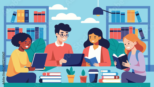 A group of friends studying together in the library discussing their progress on their respective business ventures and exchanging tips on how to. Vector illustration
