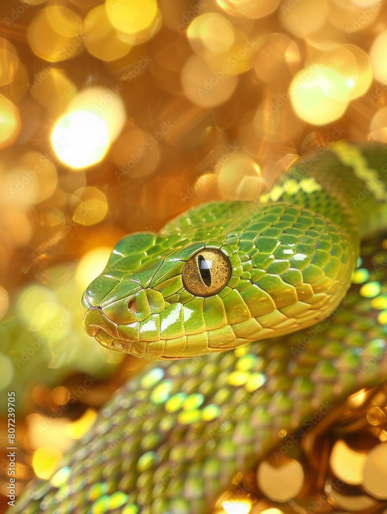 Fototapeta premium green snake on a background of gold sequins with space for text.