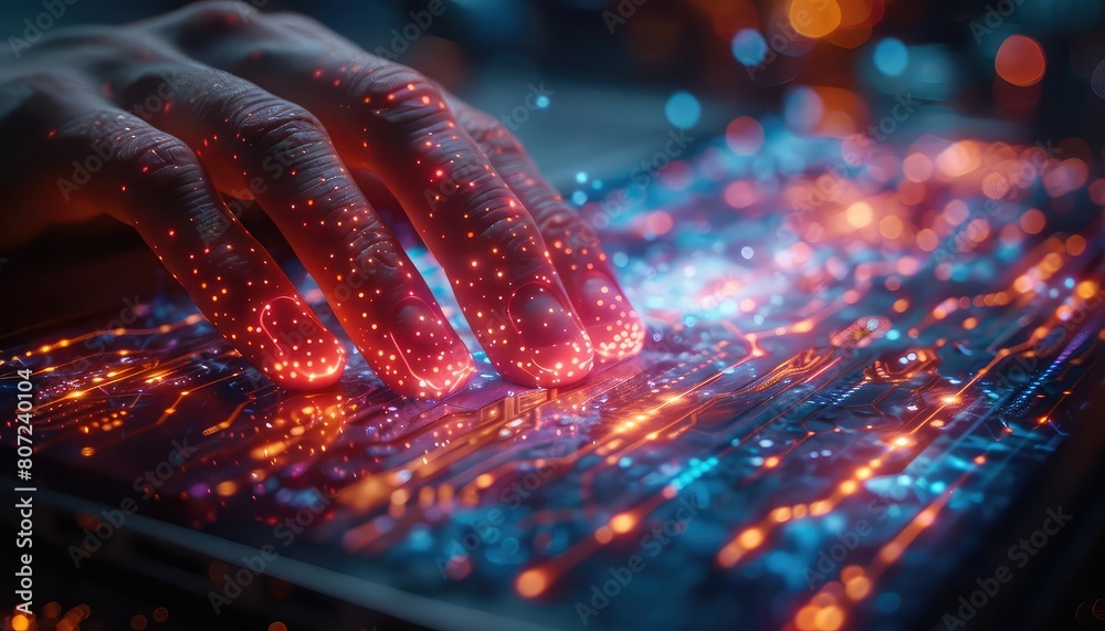 A hand interacts with a futuristic glowing computer keyboard. A hand interacts with a futuristic glowing computer keyboard.