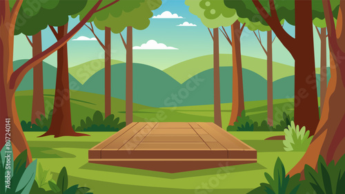 A small clearing in the forest complete with a simple wooden platform for stretching and admiring the peaceful scenery.. Vector illustration