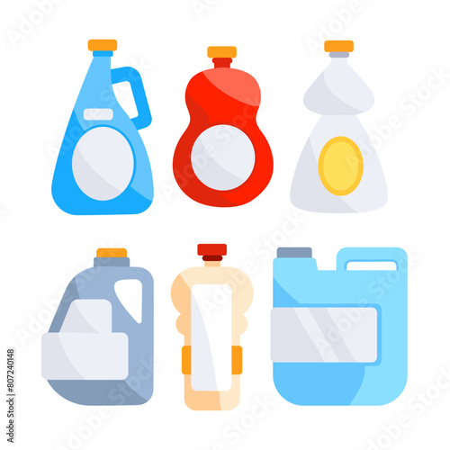 Detergent bottles set. Chemical liquid soap and bleach for cleaning. Household tool items