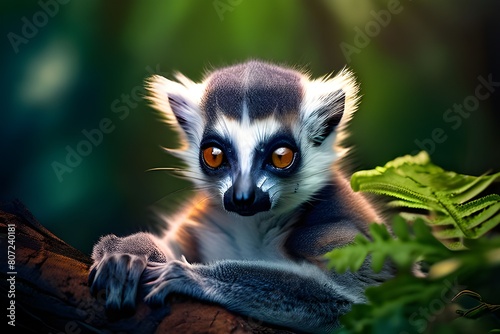 A close-up of a stunning black and gray fluffy lemur from Madagascar that is either in the zoo or a wildlife area. Fluffy being observing the camera photo