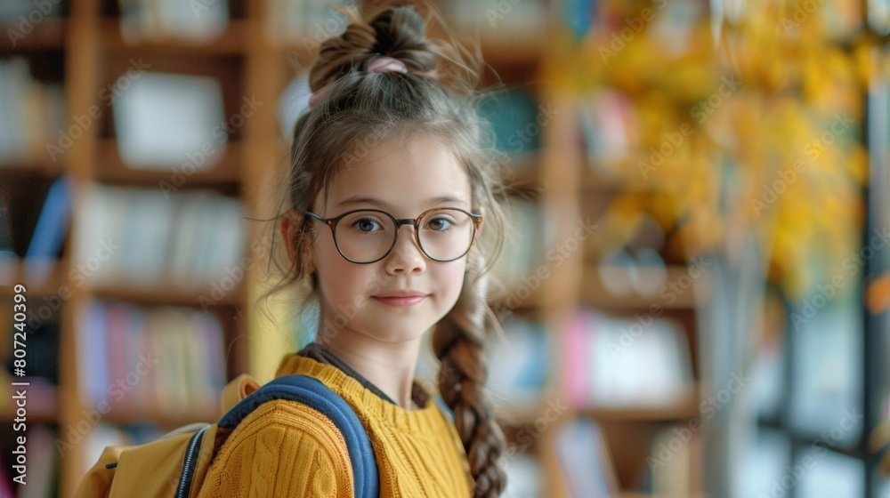 Young Girl with Glasses Ready for School Against a Bookshelf Background Young Girl with Glasses Ready for School Against a Bookshelf Background