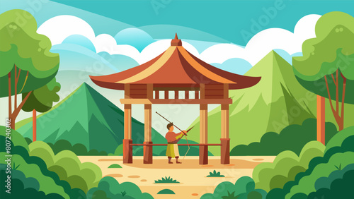 Amidst the lush greenery a wooden pavilion stands tall serving as a backdrop for the traditional archery contest.. Vector illustration