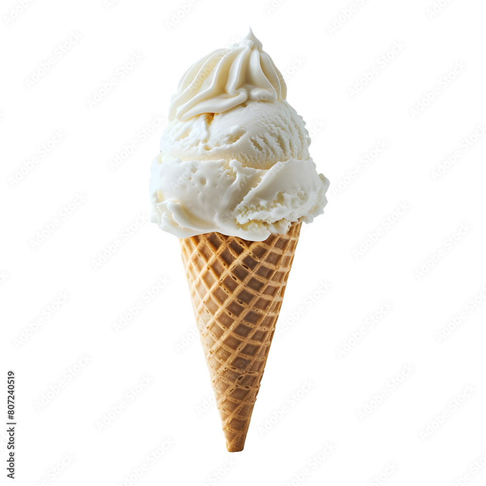 Classic Ice Cream in waffle cone, isolated on transparent background, summer food concept Classic Ice Cream in waffle cone, isolated on transparent background, summer food concept