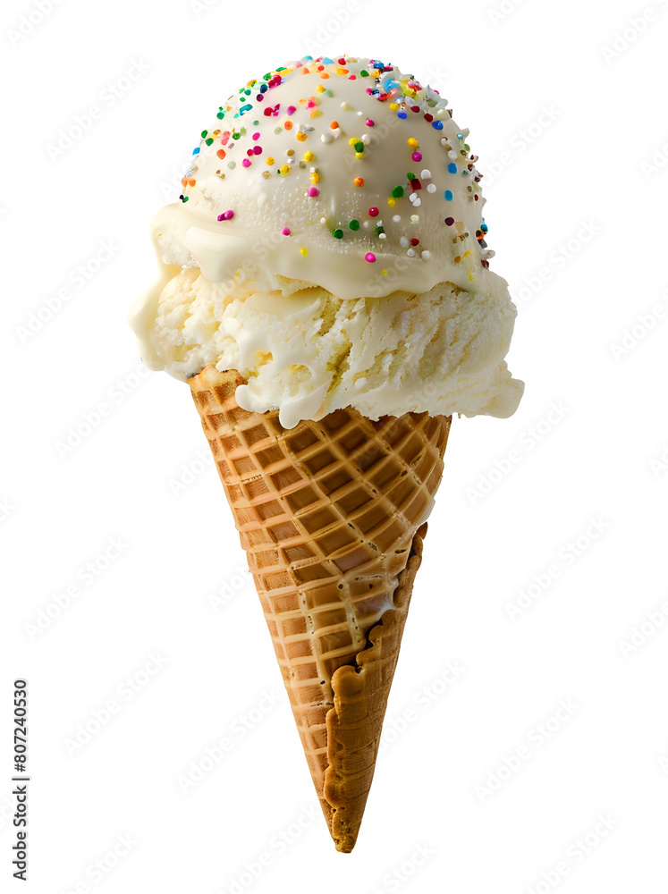 Classic Ice Cream in waffle cone, isolated on transparent background, summer food concept Classic Ice Cream in waffle cone, isolated on transparent background, summer food concept