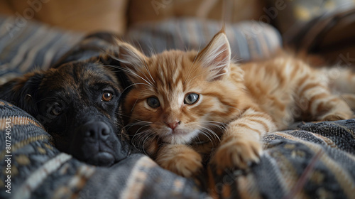 puppy and kitten playing together in a house on a sofa