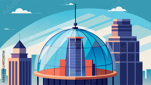 The installation of a large intricate glass dome at the peak of a highrise building.. Vector illustration